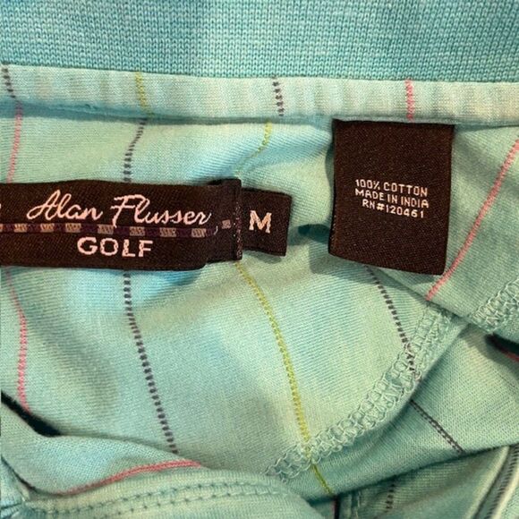 Alan Flusser Golf 100% Cotton Polor Aqua with Multicolor Pinstripes Size Medium - Picture 5 of 8